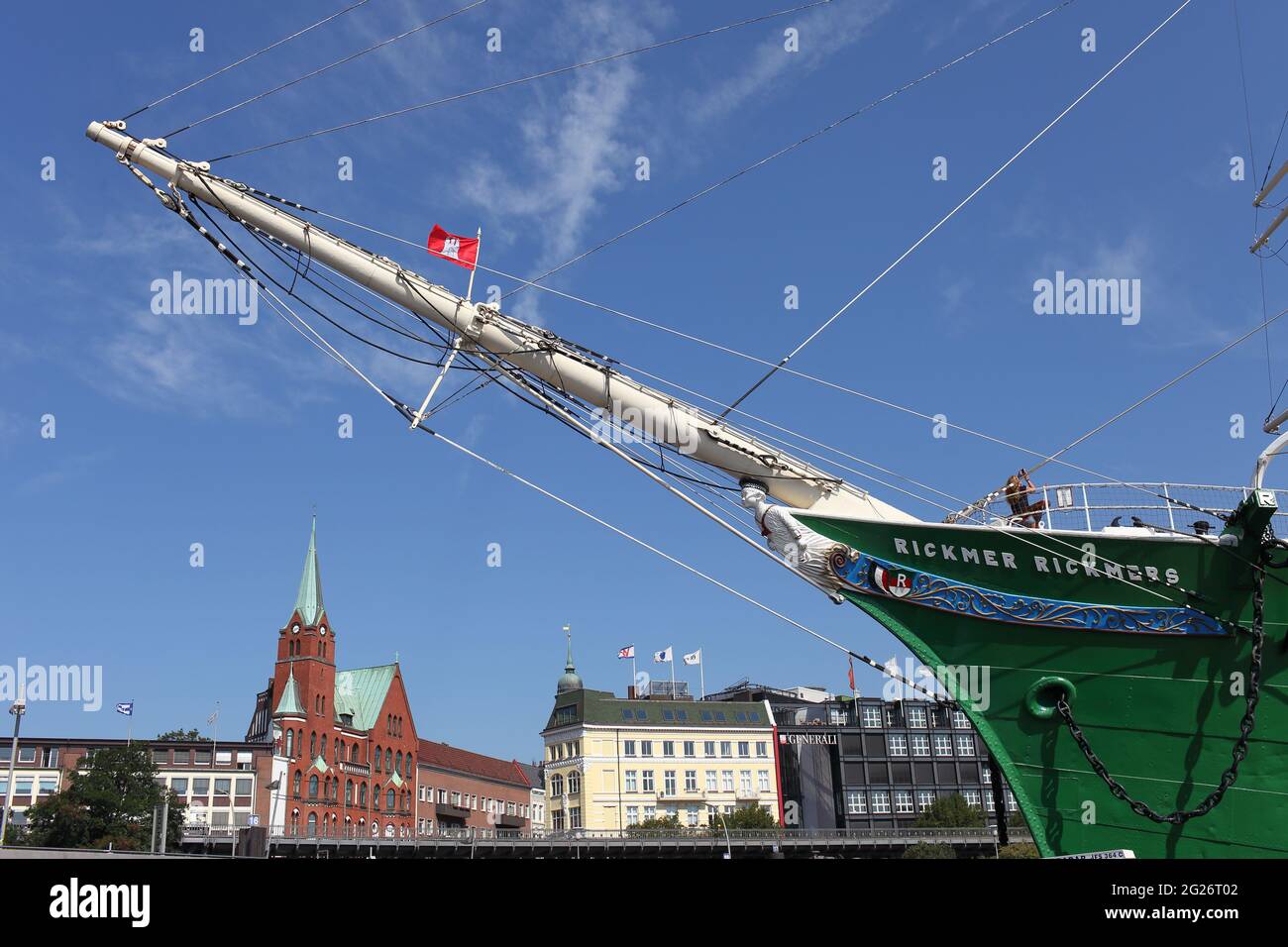 Bug und Galionsfigur des historischen Segelschiffs Rickmer Rickmers im Hafen von Gotheburg Stockfoto