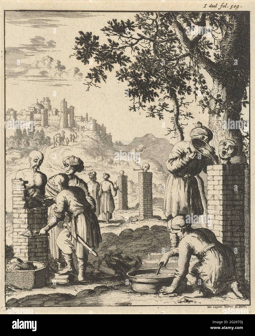 Diebe und Einlagen, die zur Bestrafung gemacht wurden; grausame Abfindungen an die Diebe und Einlagen. Drucken Sie oben rechts mit der Aufschrift: i part fol. 509. Stockfoto