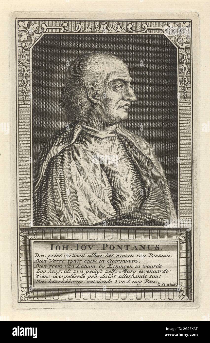 Porträt von Giovanni Gioviano Pontano. Porträtbüste rechts von Giovanni Gioviano Pontano, italienischer Schriftsteller und Dichter, Bareboads. Um einen ornamentalen Rahmen herum, unter dem Porträt der Name des Porträtierten, gefolgt von einem sechszeiligen niederländischen Vers. Stockfoto