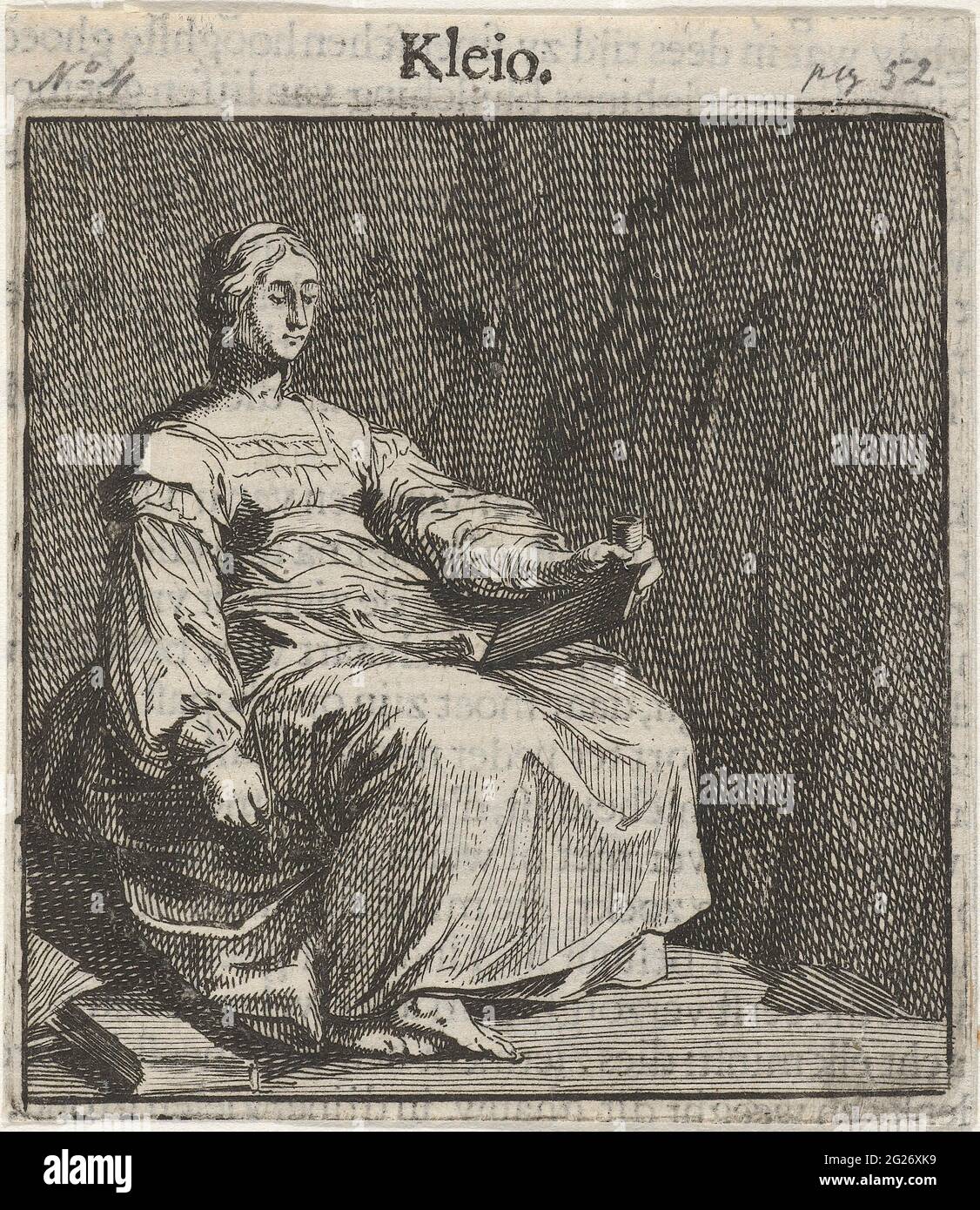 Clio; Kleio. Die sitzende clio, die Muse der Geschichte, hält einen Schreibtisch und ein Tintenfass in ihrer linken Hand, in ihrer rechten Hand. Links zu ihren Füßen buchen. Buchillustration für ein Buch, in dem die verschiedenen Musen zum Sprechen kommen. Stockfoto