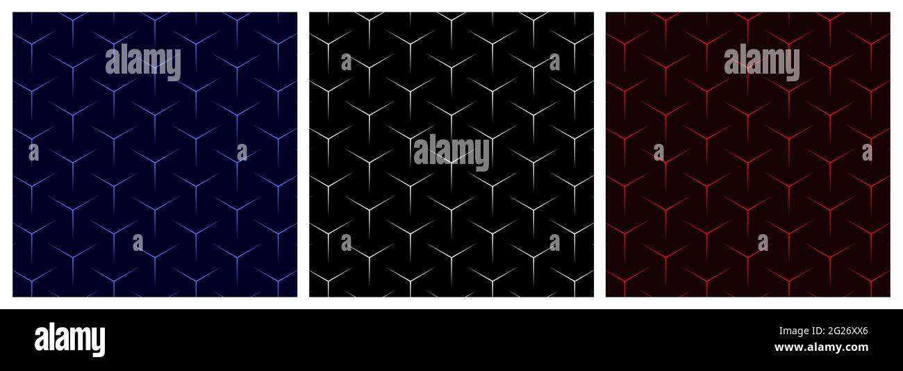 Set von abstrakten geometrischen nahtlose Muster mit Linien.Luxus von blauen, schwarzen und roten dunklen Hintergrund. Stock Vektor