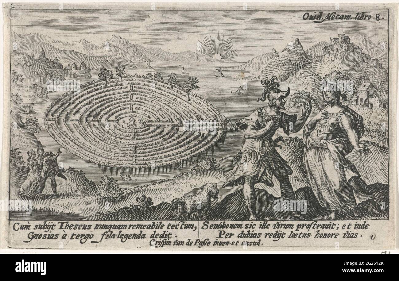 Theseus und Ariadne; Metamorphosen von Ovid. Ariadne, die Tochter von König Minos, verliebte sich in die Sauce und gibt ihm ein fehlerhaftes Garn, mit dem er nach dem Töten des Minotaurus den Weg aus dem Labyrinth finden kann. Am Rand eine vierzeilige Beschriftung, in zwei Spalten, in Latein. Stockfoto
