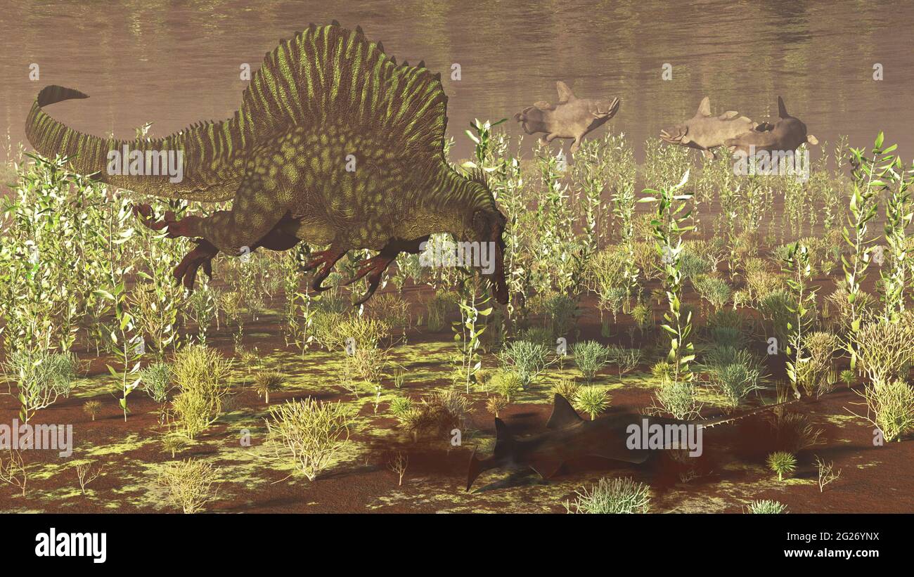 Spinosaurus, der eine Onchopristis aus dem schlammigen Grund des Sees stört. Stockfoto
