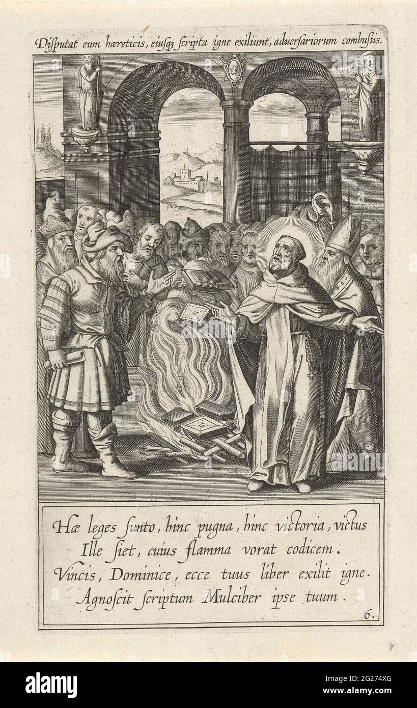 Wunder des Heiligen Dominikus an den Abigenzen; Leben und Irrsinnige des Heiligen Dominikus; Vita et miracula s.p. Dominikaner. Der Heilige Dominikaner und der kleine Anführer der Abigenzen werfen ihre Bibel ins Feuer. Die Bibel des Heiligen Dominikus brennt nicht, sondern springt aus dem Feuer. Der Druck hat eine lateinische Inschrift und Beschriftung und ist Teil einer Postserie für ein Buch über das Leben des Heiligen Dominikus. Stockfoto