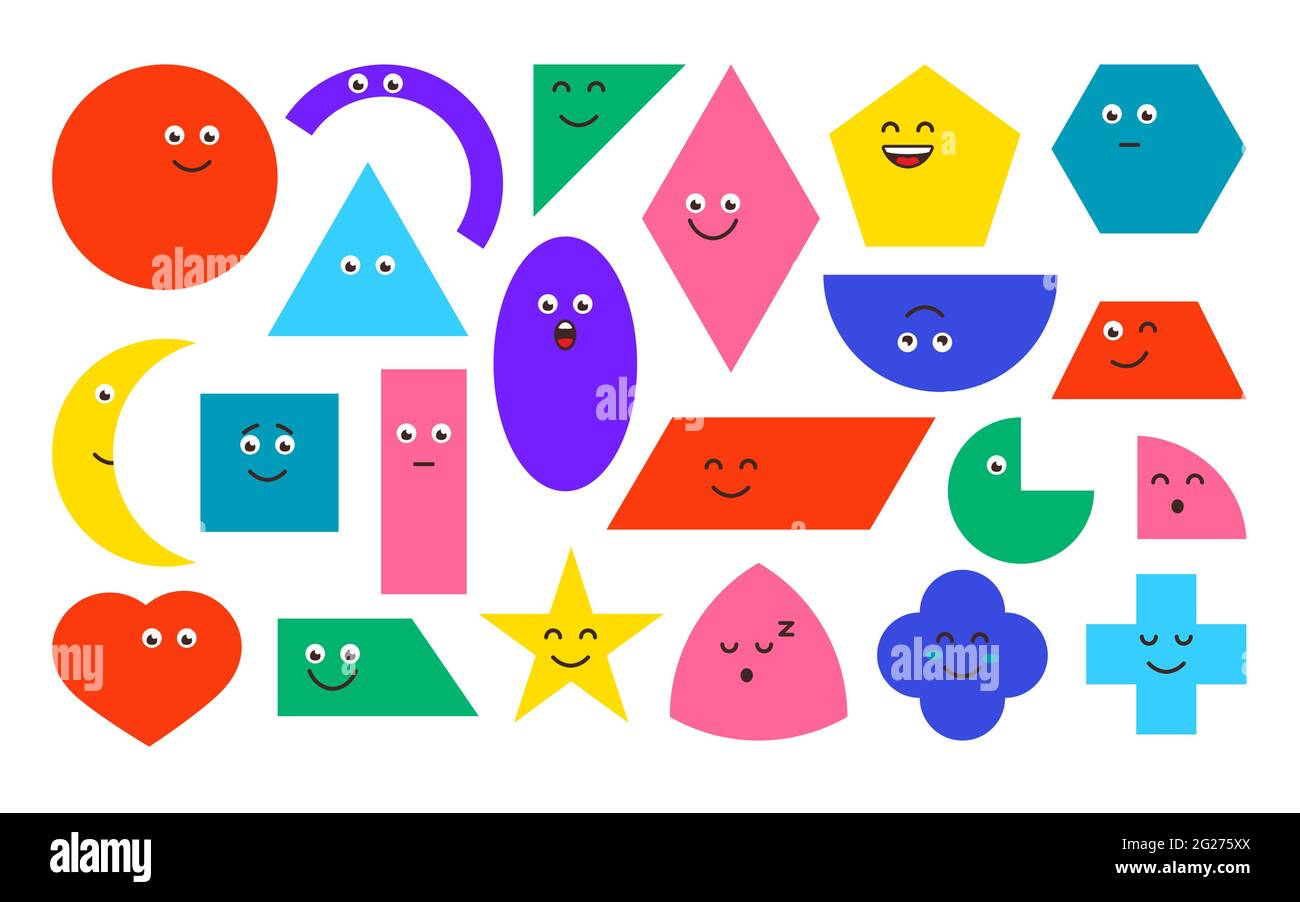 Set von Icon farbigen geometrischen Formen mit Gesichtsemotionen. Lustige einfache mathematische Grundformen wie Quadrat, Kreis, Oval, Dreieck und andere. Schulungsmaterial für Spiele für Kinder. Isolierte Vektordarstellung Stock Vektor