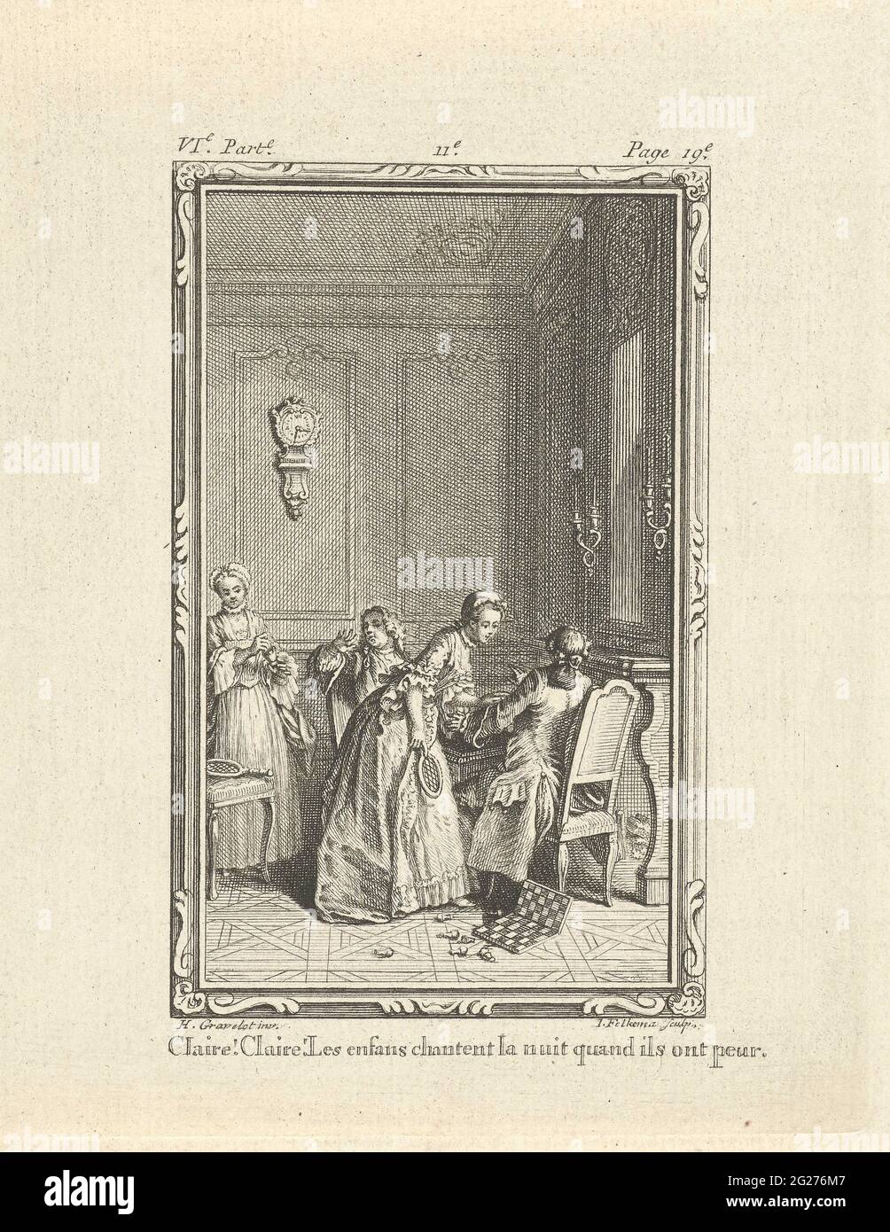 Spiele spielen in einem Innenraum zusammen; Illustrationen zum Liebesroman von J.J. Rousseau. Zwei Damen und zwei Herren spielen in einem Innenraum. Die Herren sitzen um einen Tisch, auf dem Boden steht ein Schachbrett mit umgestürzten Steinen. Unter der Show befindet sich eine einzelne Beschriftung auf Französisch. PRENT links und oben rechts beschriftet: Vie. Teil - Seite 19. Stockfoto