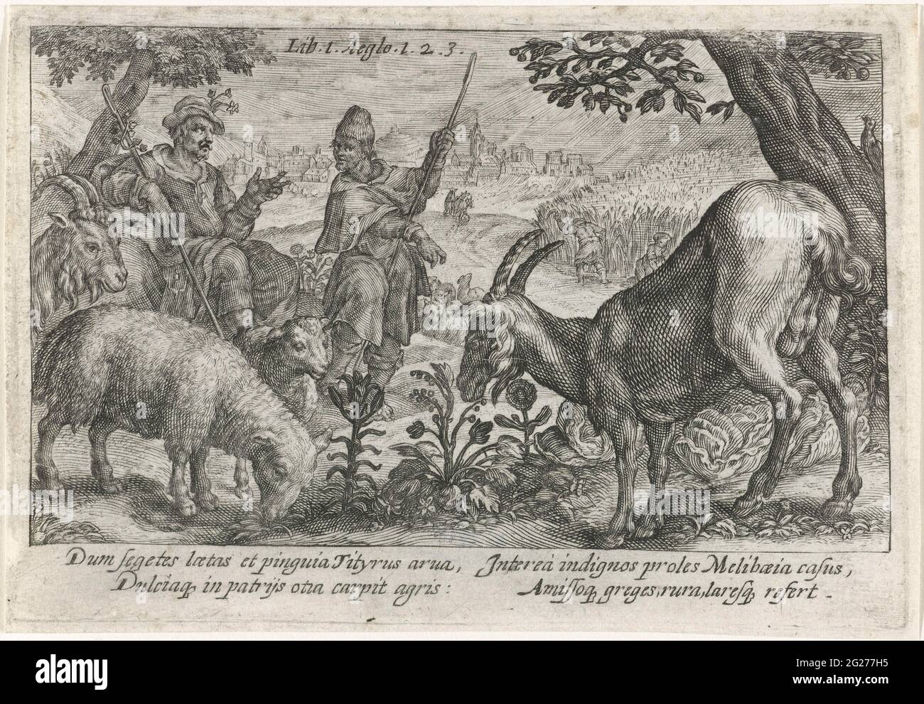 Die Hirten Titrus und meli boeus im Gespräch; Compendium Operum Virgilianorum. Die Shepherds Tityrus und Meliboeus unterhalten sich im Freien. Am Rand eine vierzeilige Beschriftung, in zwei Spalten, in Latein. Stockfoto
