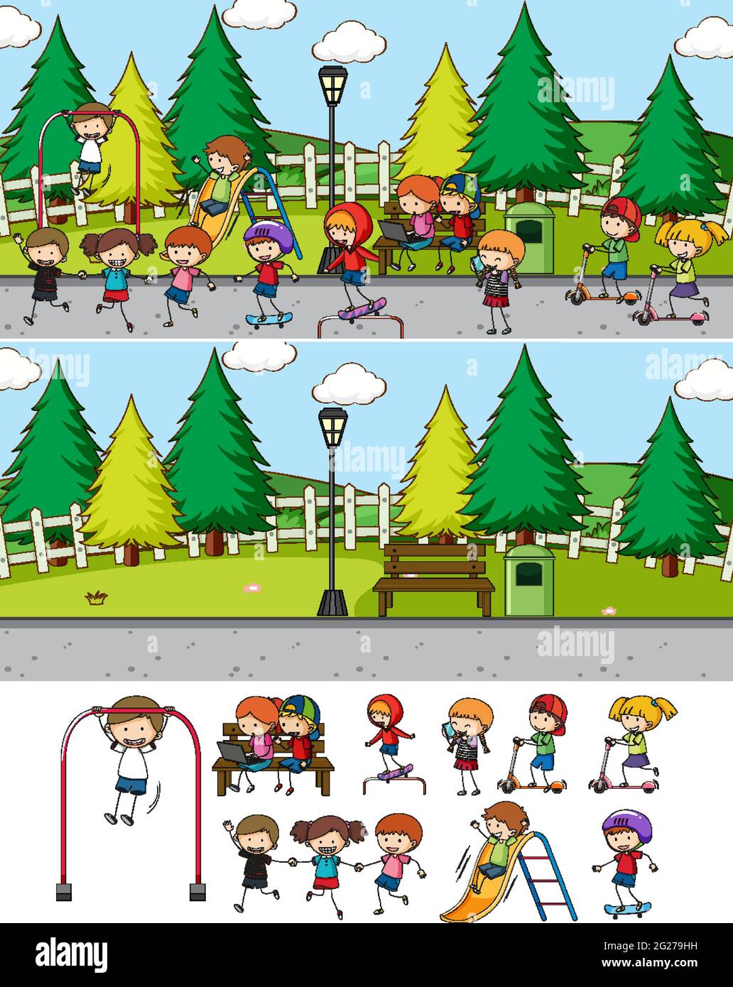 Park-Szene mit vielen Kindern Zeichentrickfigur isoliert Illustration gesetzt Stock Vektor