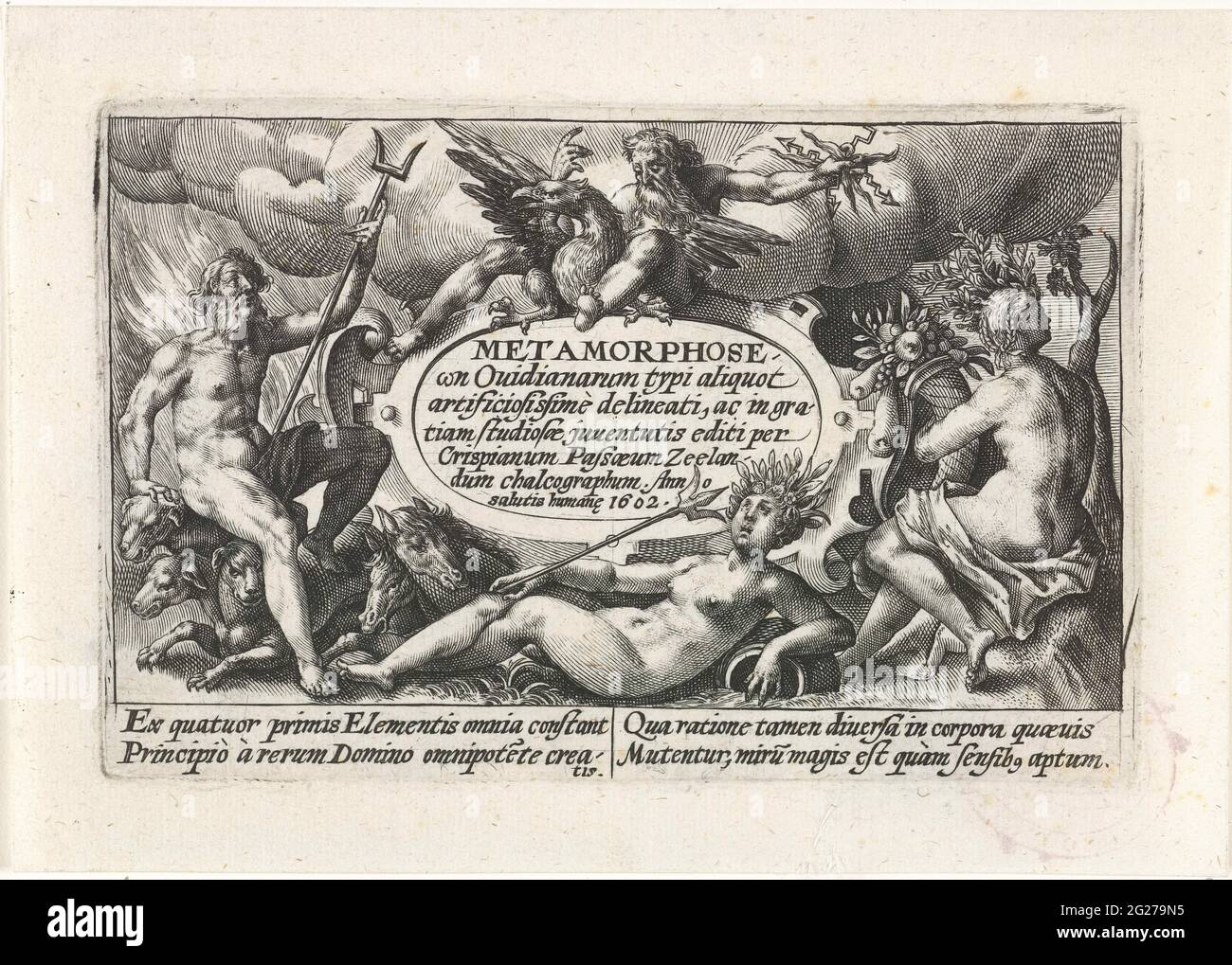 Die vier Elemente; Metamorphosen von Ovid. Titelbild einer Serie mit Szenen  aus den Metamorphosen Ovids. In der Mitte eine Kartusche mit dem heiteren  Titel in Latein. Was auch die Personifikationen der vier