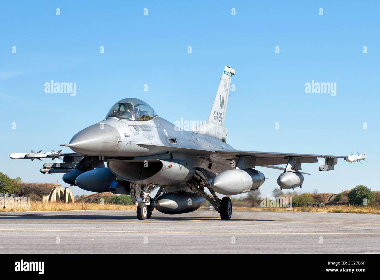 US Air Force F-16CM/DM Fighting Falcon vom Militärflugplatz Graf Ignatievo, Bulgarien. Stockfoto
