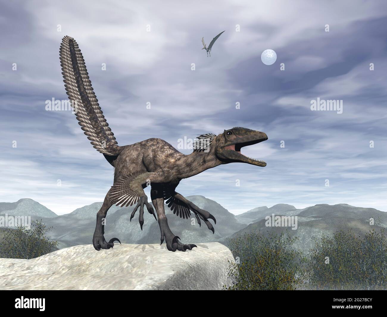 Deinonychus Dinosaurier brüllt auf einem Felsen. Stockfoto