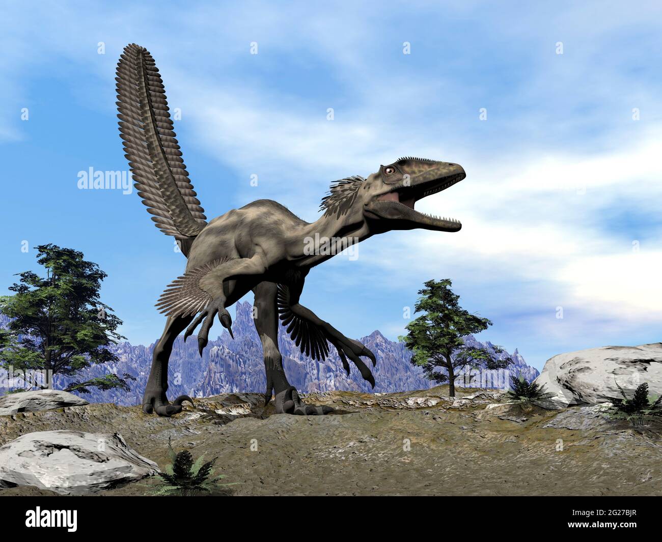 Deinonychus Dinosaurier brüllt auf einem Berg. Stockfoto