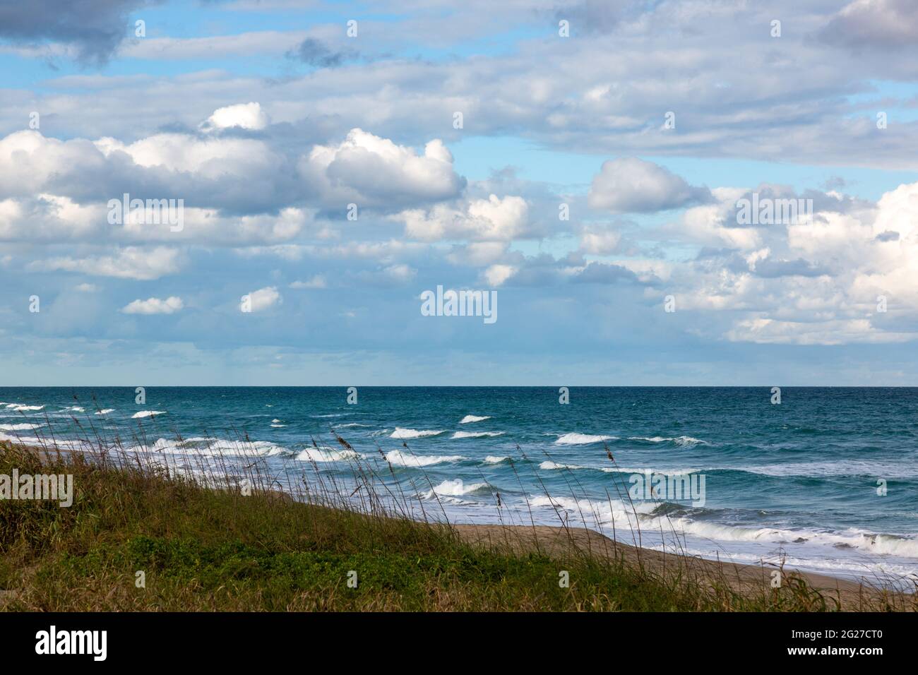 Die grasbewachsene Küste der Ostküste von Hutchinson Island trifft unter dem wolkigen Himmel Floridas auf den Atlantischen Ozean. Stockfoto