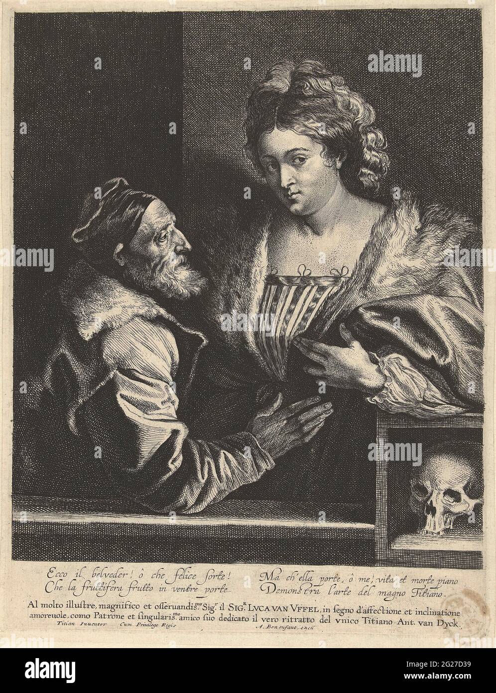 Tizian und seine Geliebte. Kopie zum Selbstporträt von Tizian mit einer jungen Frau. Unten rechts ein Schädel. Das Gemälde von Titian ist verloren gegangen, durch die Radierung von Van Dyck wissen wir, wie das Porträt aussah. Darunter ist eine Widmung an den Händler und Kunstliebhaber Lucas van Uffel und ein italienisches Gedicht zu sehen. Stockfoto