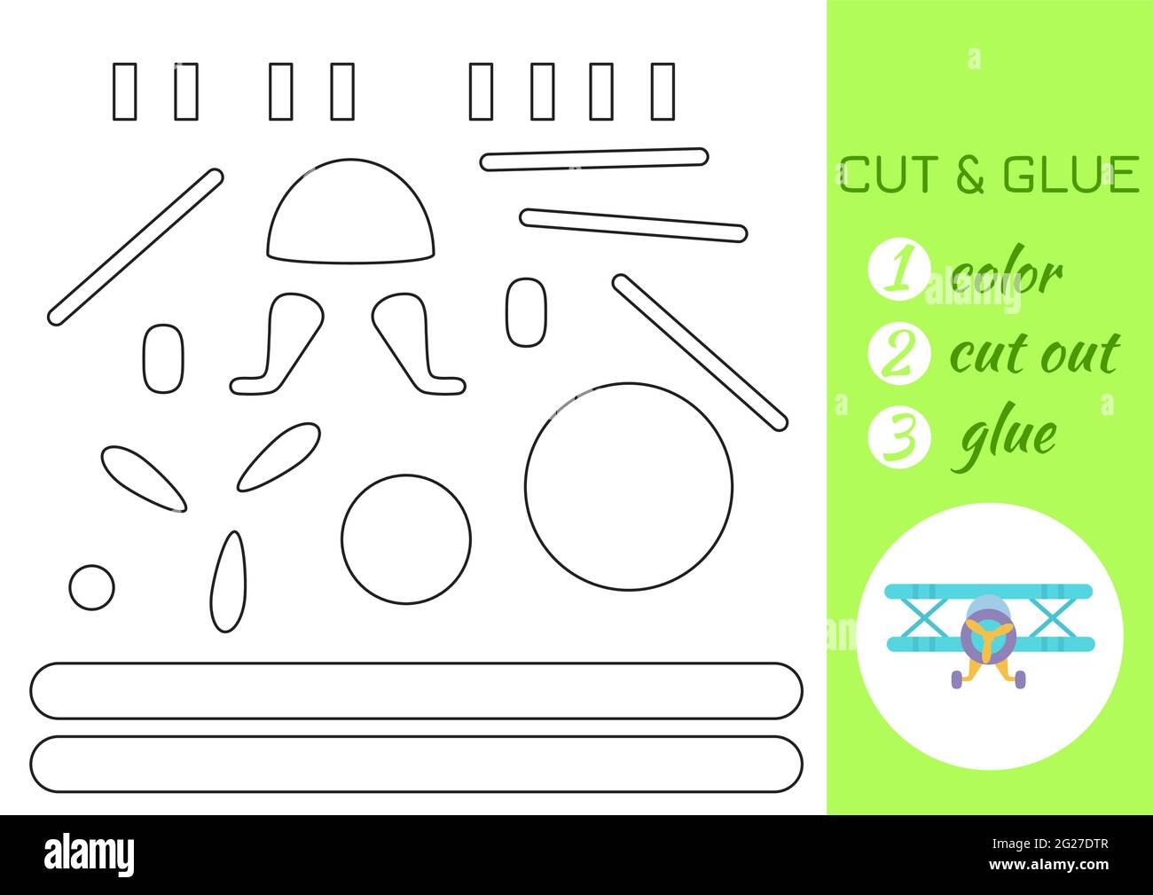 Farbe, schneiden und kleben Papier türkis Flugzeug. Seite „Craft Activity“ ausschneiden und einfügen. Pädagogisches Spiel für Kinder im Vorschulalter. DIY-Arbeitsblatt. Kinder Logik ga Stock Vektor