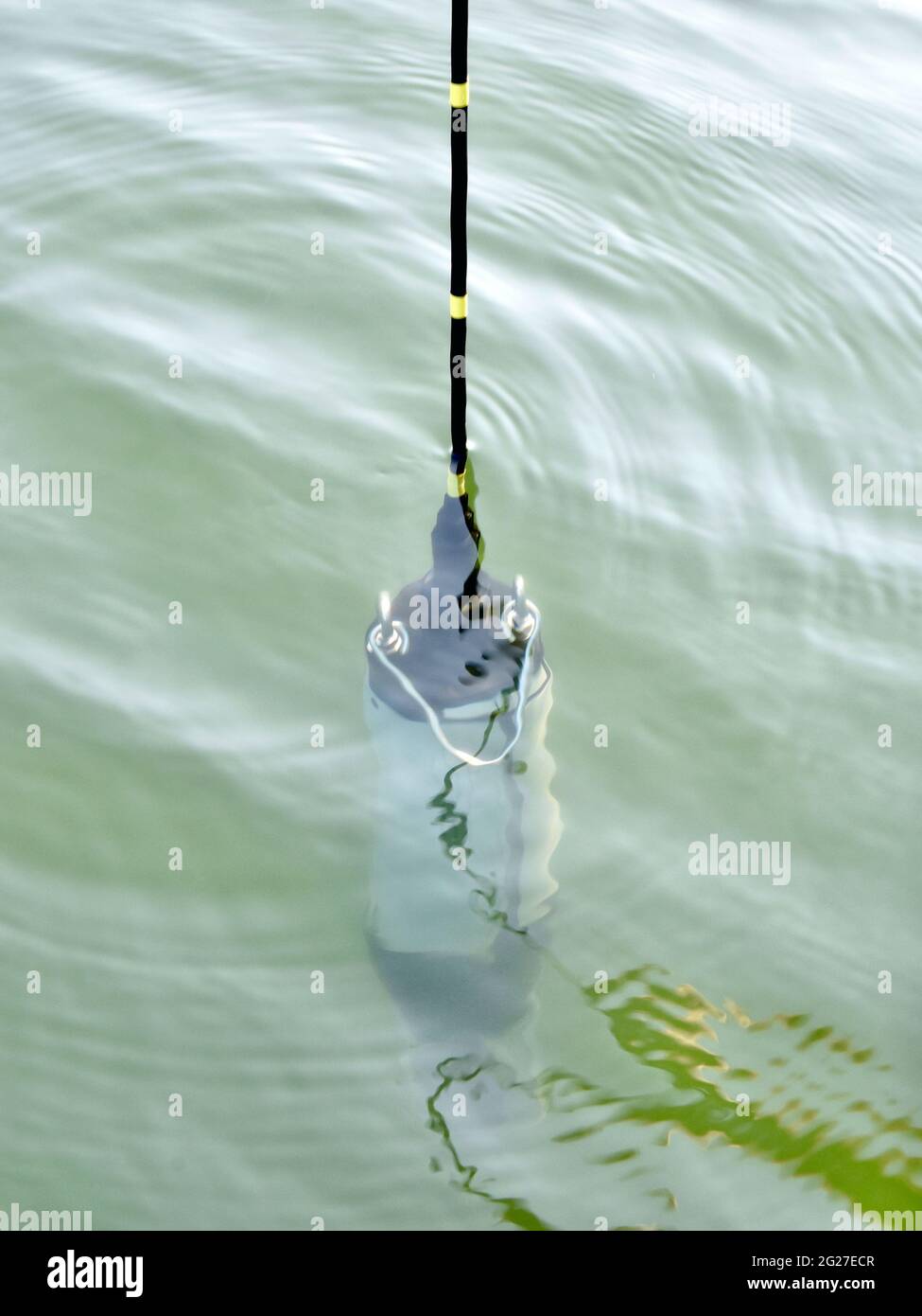 Eine Sonde zur Überwachung der Wasserqualität wird in einen Wasserkörper gesenkt, um Daten über die physikalischen Eigenschaften der Wasserchemie zu sammeln. Stockfoto