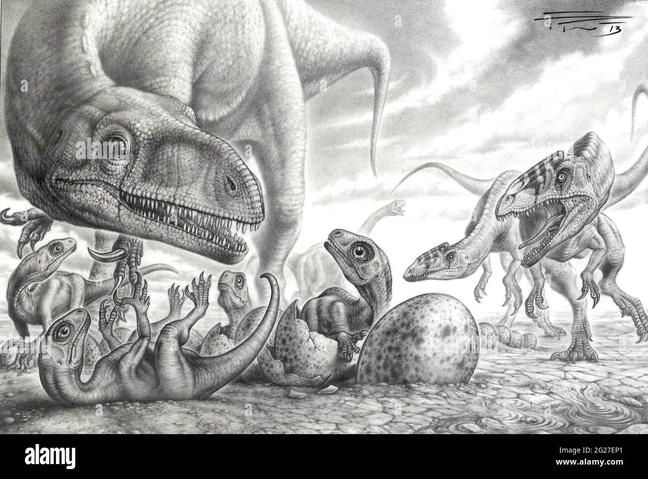 Ein Paar Megapnosaurus-Dinosaurier bedrohen Massospondylus-Babys und deren Eltern. Stockfoto