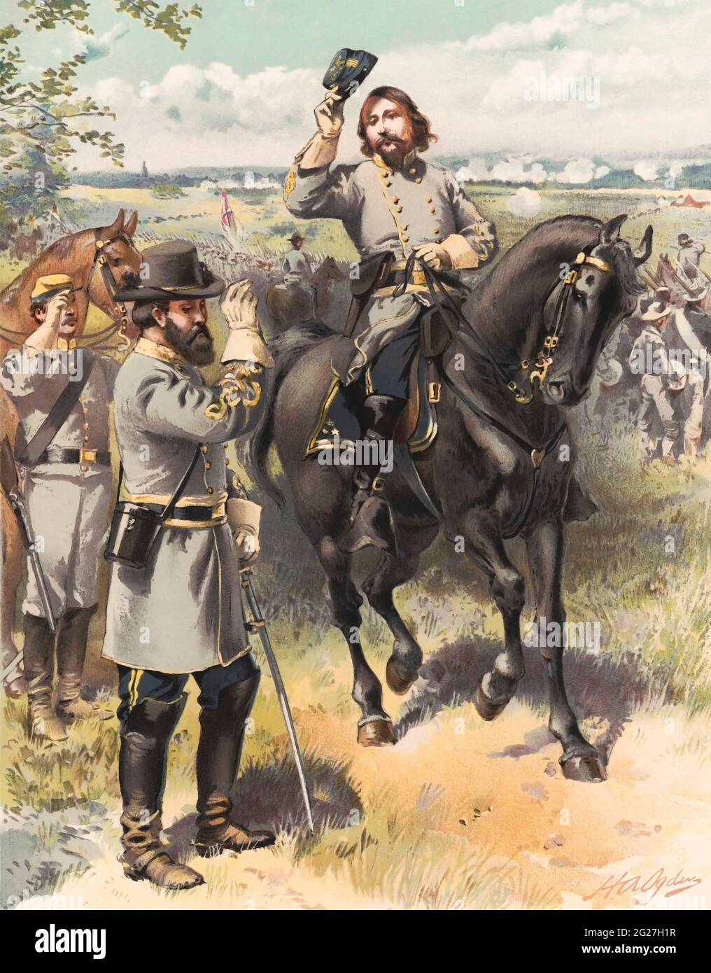 Generalstreikposten, die während der Schlacht von Gettysburg Befehle von General Longstreet entgegennehmen. Stockfoto