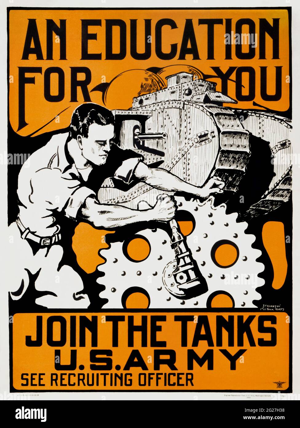 Propagandadruck eines Mannes, der mechanische Reparaturen an einem Panzer der US-Armee durchführt. Stockfoto