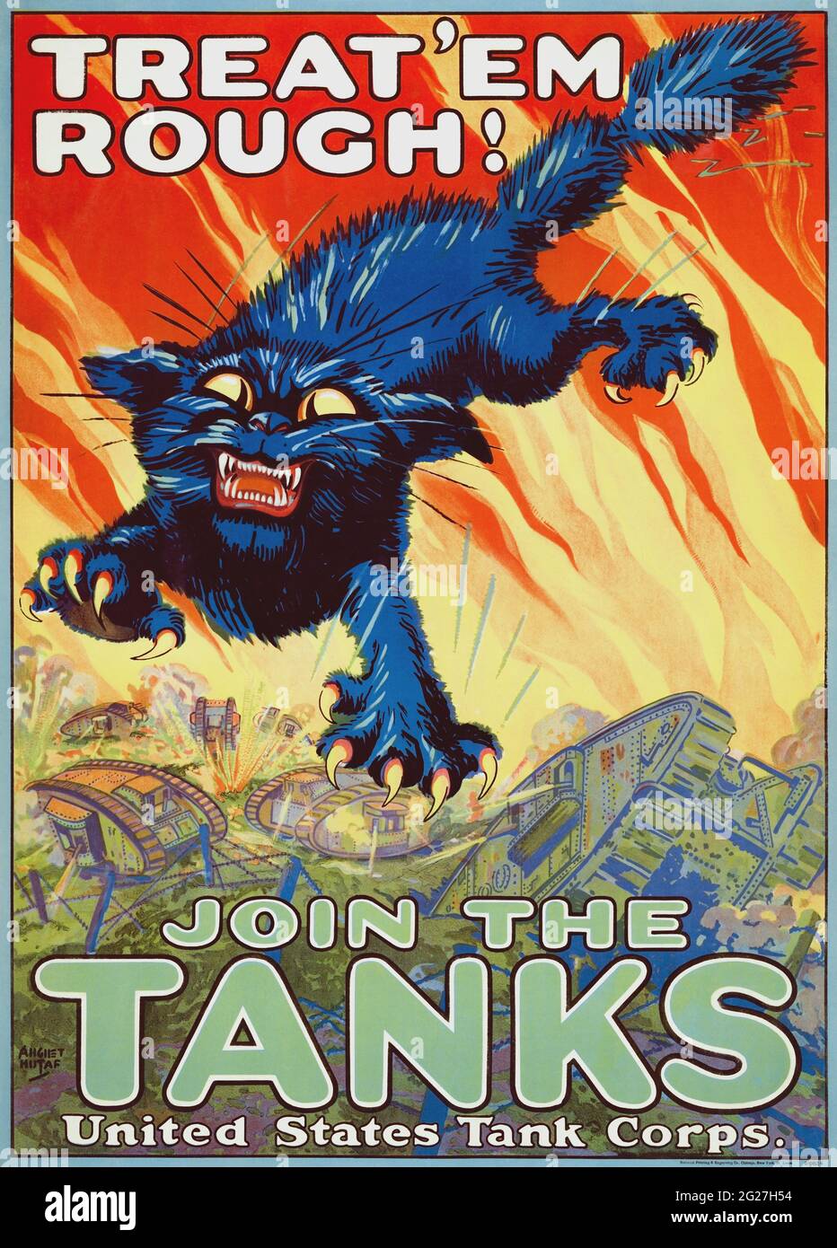 Ein Poster zur Rekrutierung des Panzerkorps 1917, auf dem eine springende Figur einer schwarzen Katze mit ihren Krallen abgebildet ist. Stockfoto