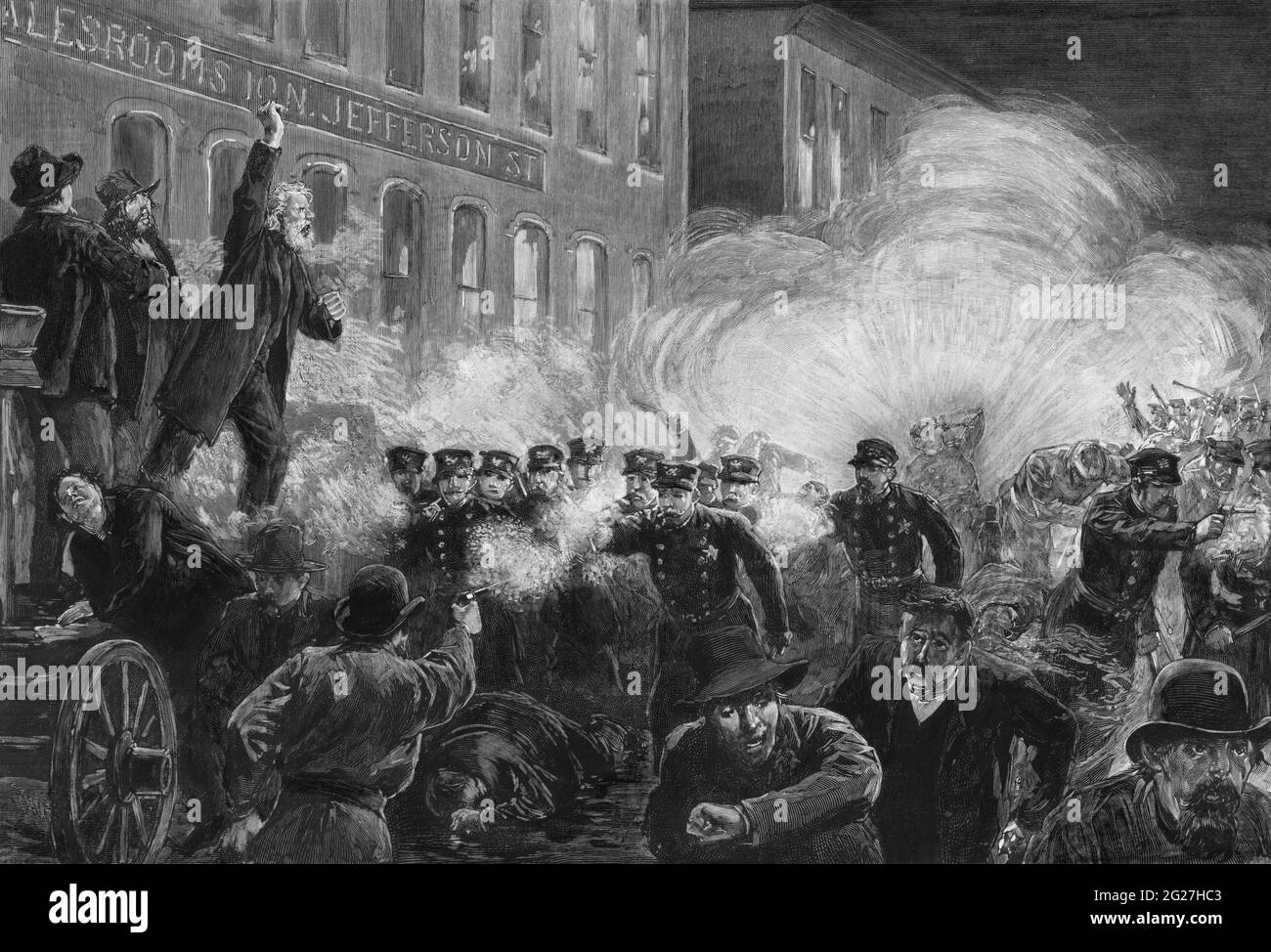 Eine Szene aus dem Haymarket Riot auf dem Haymarket Square in Chicago am 4. Mai 1886. Stockfoto