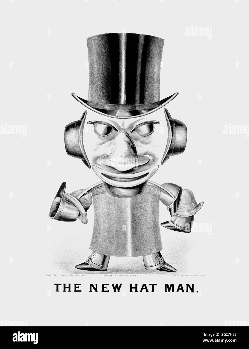 US-Modegeschichte-Druck aus dem 19. Jahrhundert eines Mannes aus Hüten, der den neuesten Modetrend zu dieser Zeit anzeigt. Stockfoto
