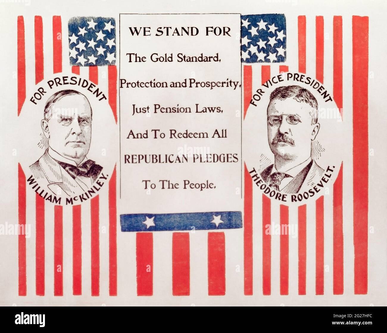 Kampagnenplakat für William McKinley und seinen Vizepräsidenten Theodore Roosevelt. Stockfoto