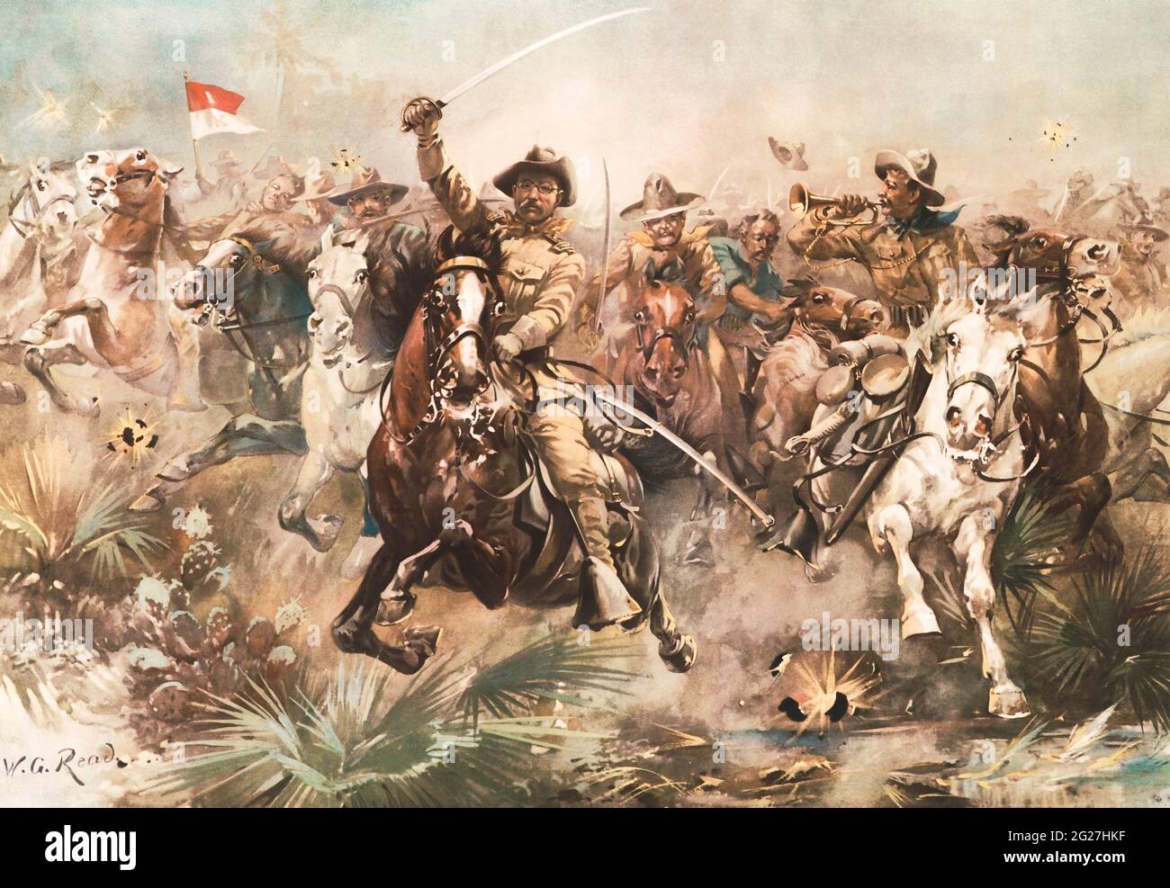 Teddy Roosevelt zusammen mit seinem Regiment aus rauen Fahrern. Stockfoto