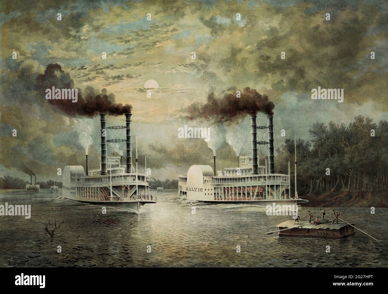 Zwei Dampfschiffe, nämlich die Baltic und Diana, beteiligten sich an einem Hals-zu-Kopf-Rennen auf dem Fluss. Stockfoto