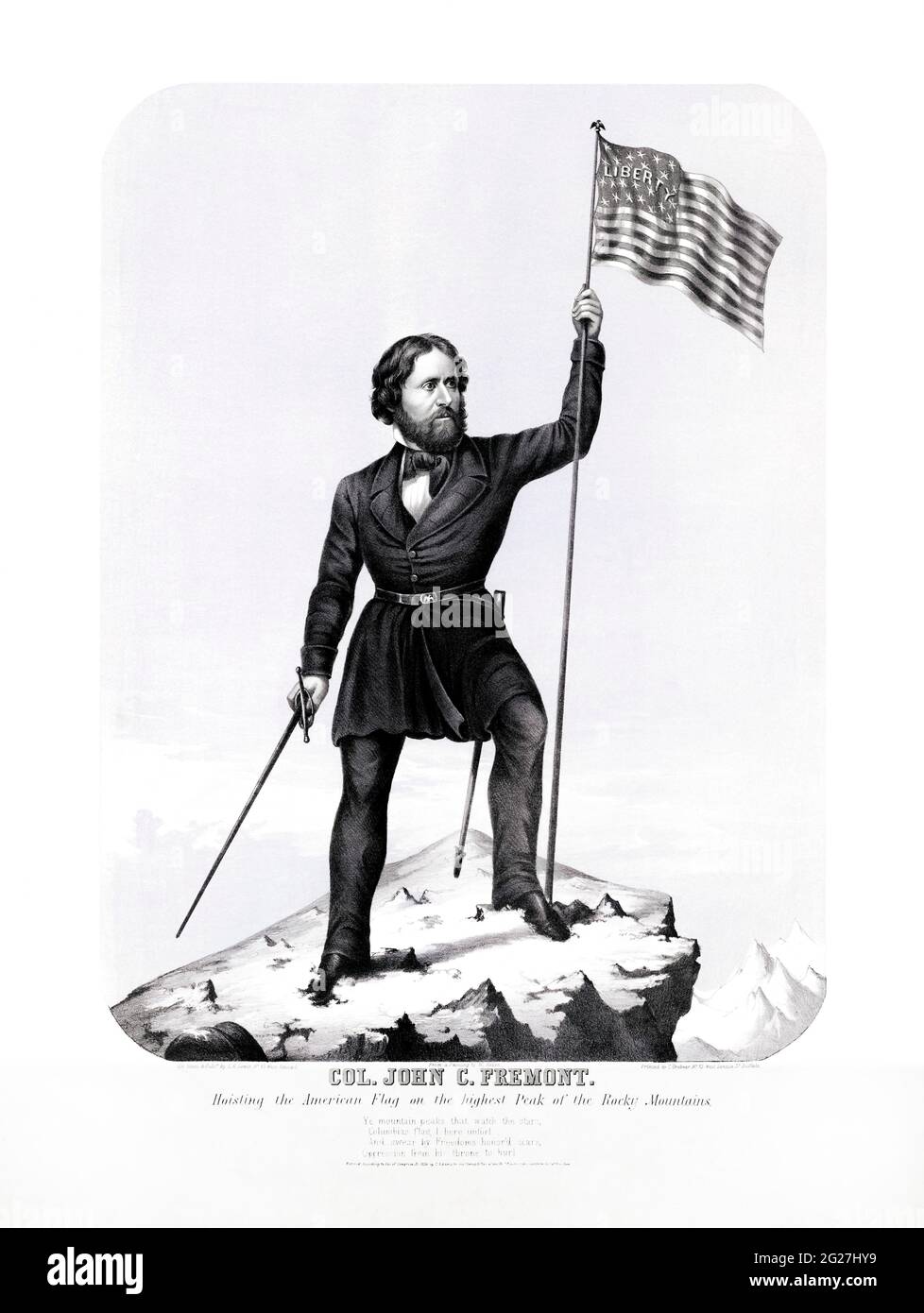 Colonel John Charles Fremont, der die US-Flagge auf den Rocky Mountains aufpflanzt. Stockfoto