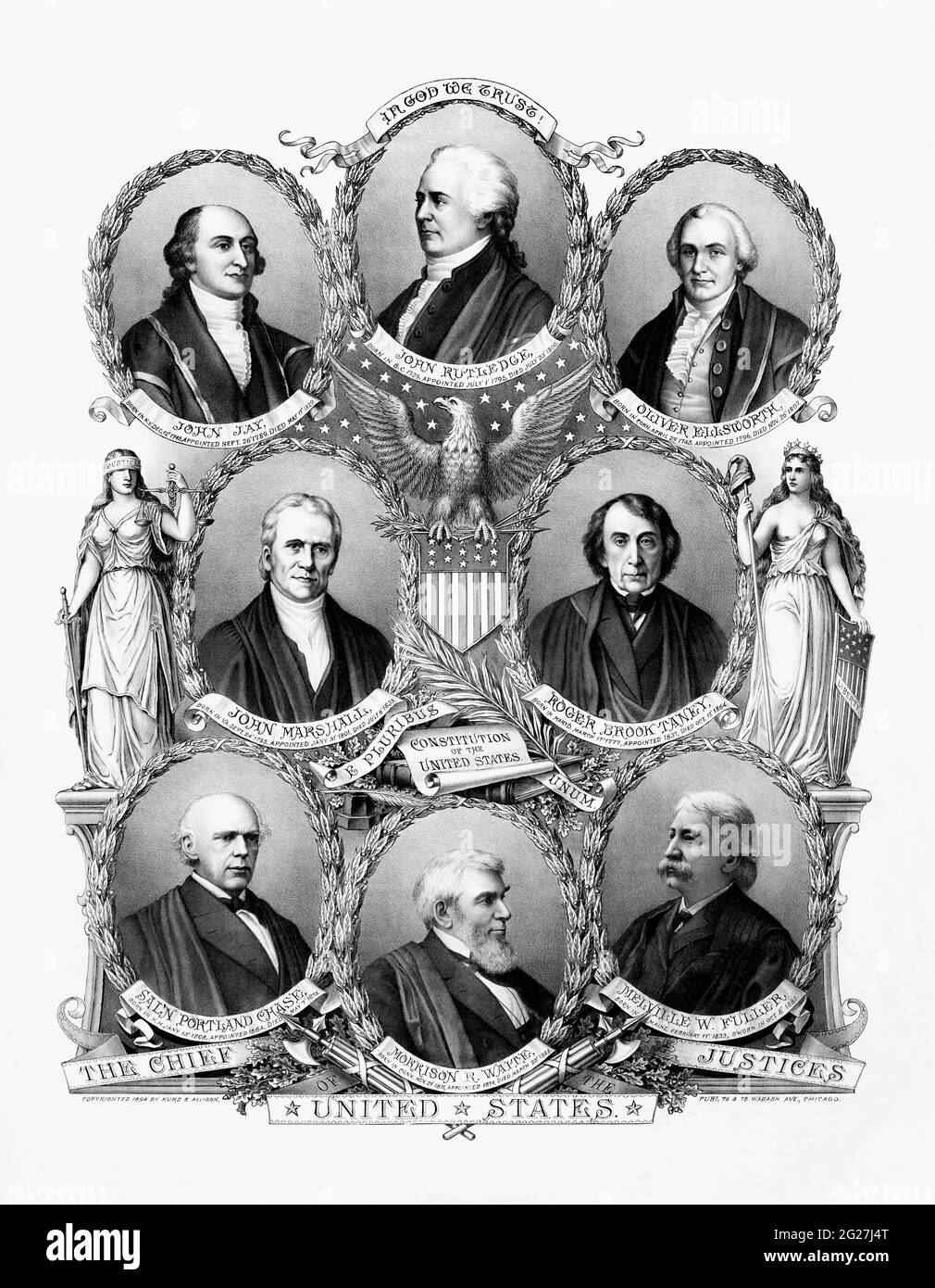 Porträts von acht Hauptjustitien des Obersten Gerichtshofs der Vereinigten Staaten. Stockfoto