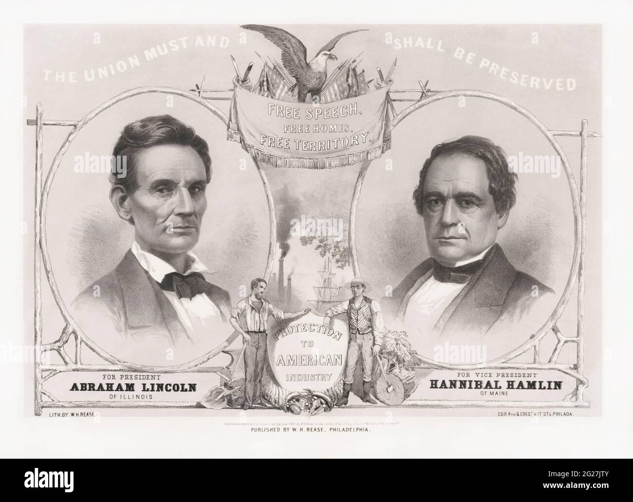 Oval porträtiert Präsident Abraham Lincoln und Vizepräsident Hannibal Hamlin. Stockfoto