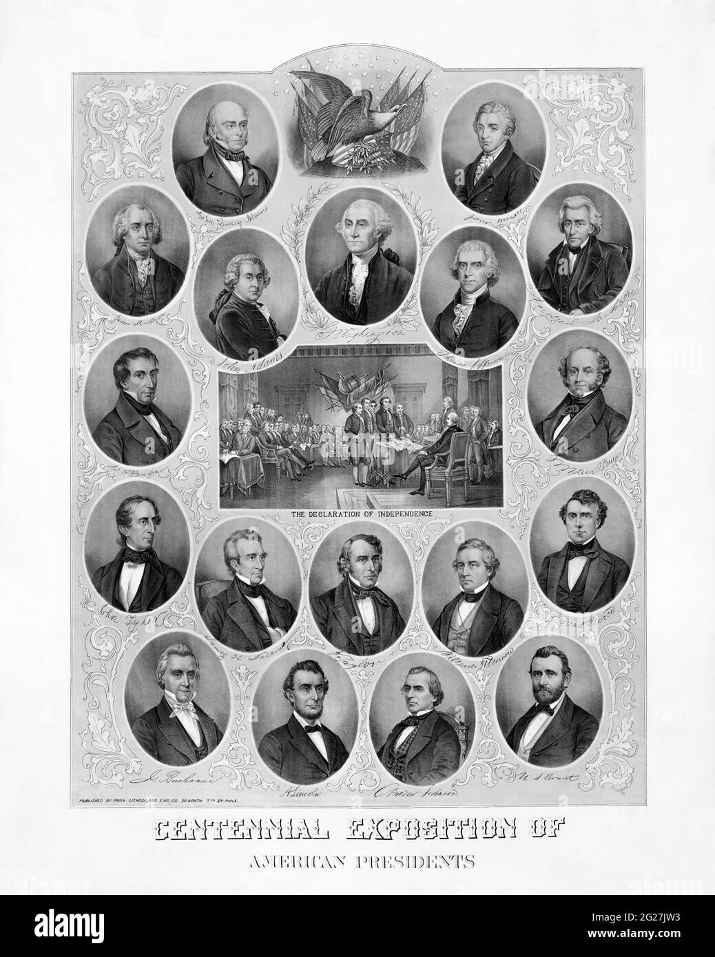 Druck mit Porträts amerikanischer Präsidenten, erstellt für die Centennial Exposition im Jahr 1876. Stockfoto