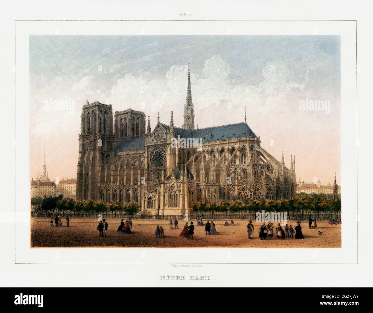 Druck aus dem 19. Jahrhundert von Notre Dame de Paris, einer mittelalterlichen katholischen Kathedrale in Paris, Frankreich. Stockfoto