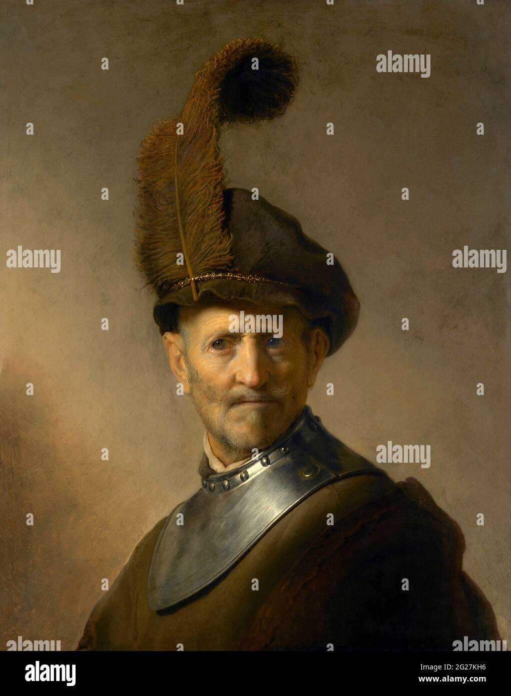 Rembrandt aus dem 17. Jahrhundert, Gemälde eines alten Mannes in Militäruniform, der als sein eigener Vater gilt. Stockfoto