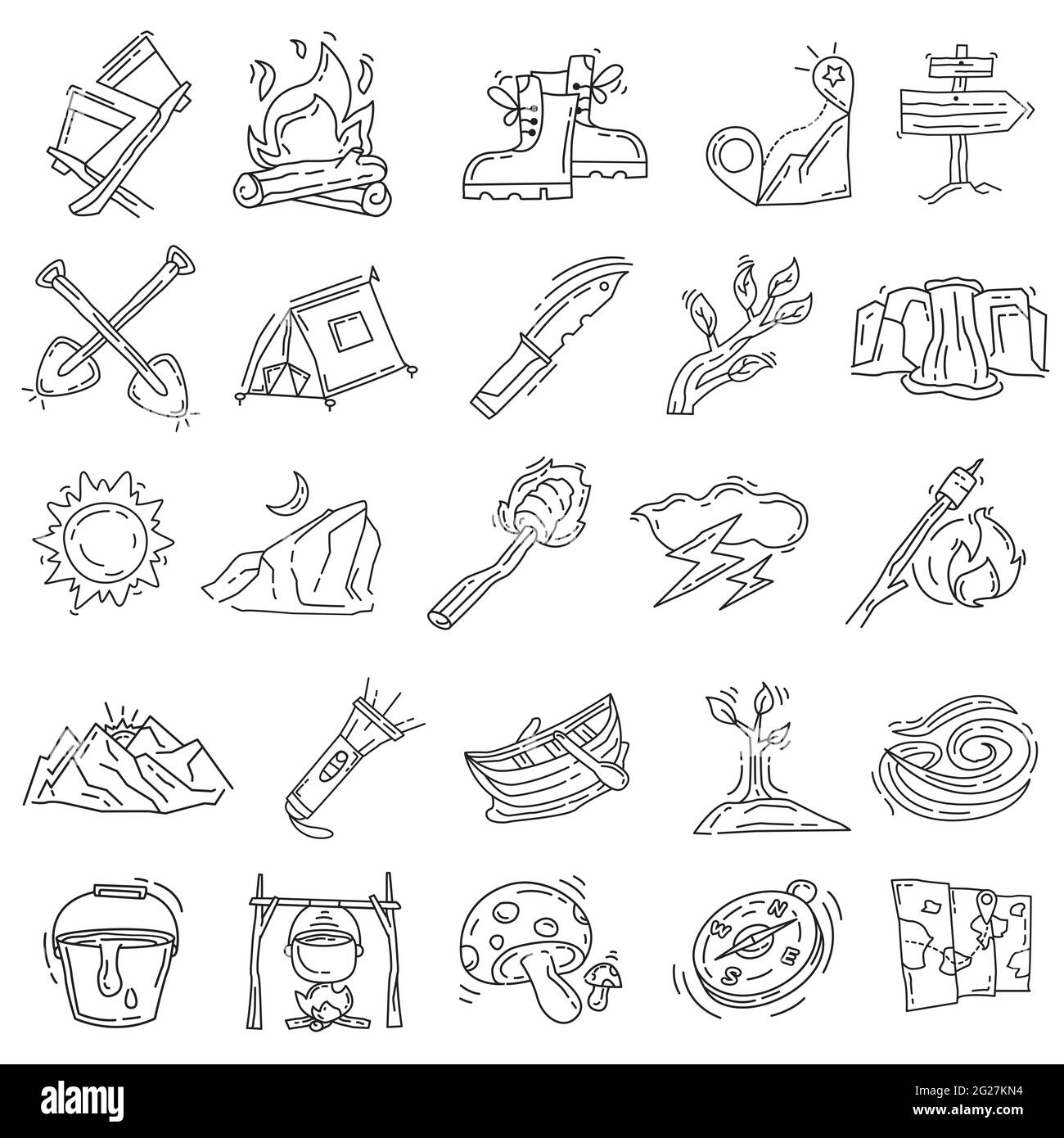 Wandern Abenteuer Set Symbol, Reise, Reise, Camping. Handgezeichnete Icon-Design, Umriss schwarz, Doodle-Symbol, Vektor-Symbol. Stock Vektor