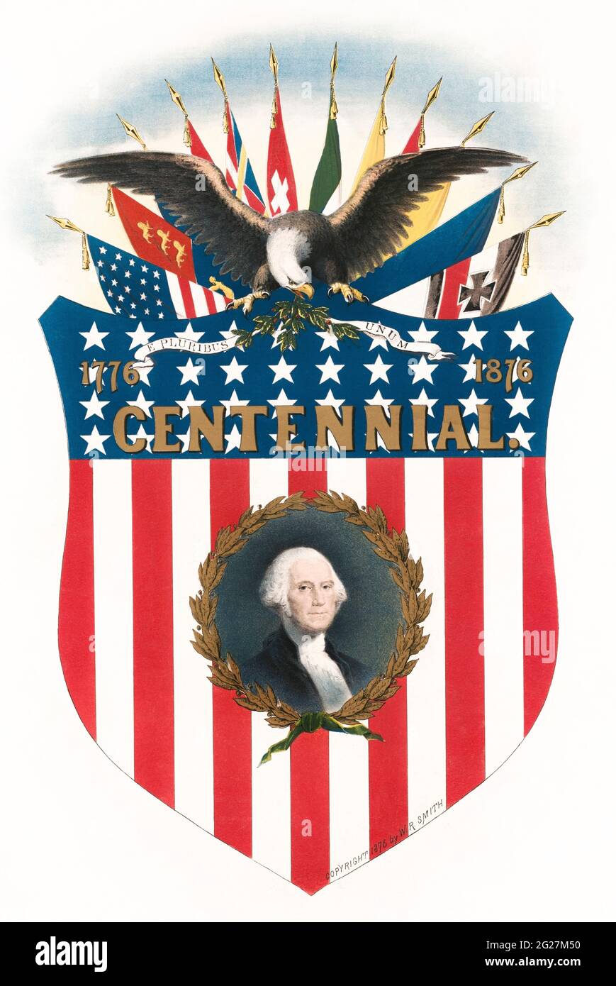 Ein Stern-und-Streifen-Schild mit einem Büstensportrait von George Washington und einem Adler, der auf dem Schild thront. Stockfoto