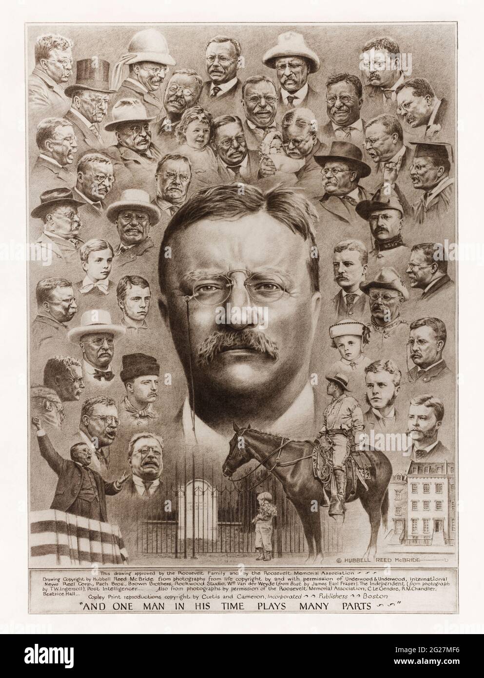 Eine Montage von Zeichnungen von Teddy Roosevelt von der Kindheit bis ins hohe Alter. Stockfoto