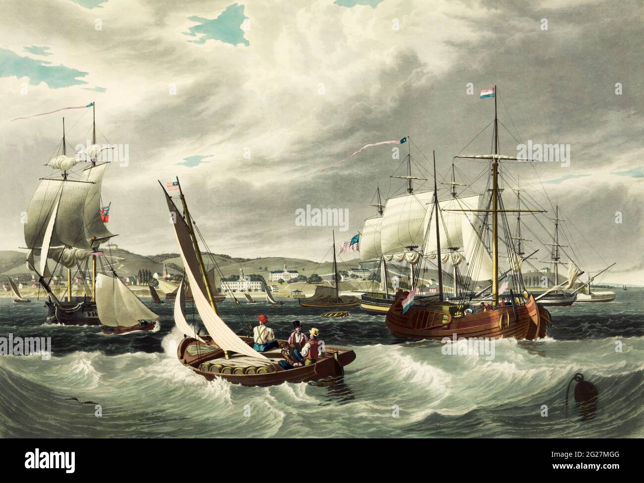 Kunstwerke aus dem 19. Jahrhundert von Schiffen und Booten vor der New Yorker Quarantänestation Swinburne Island. Stockfoto