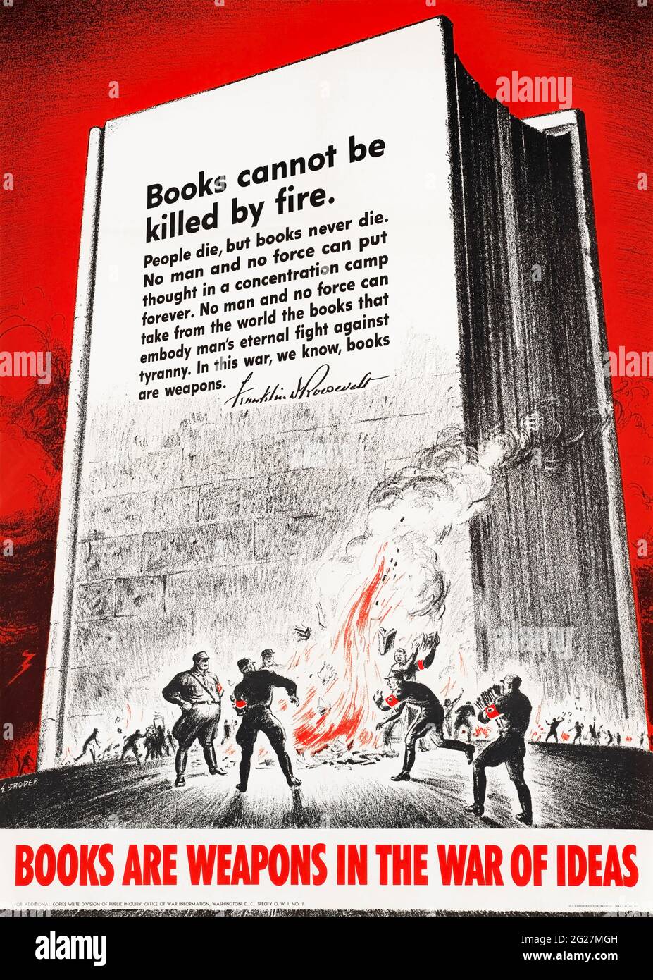 Altes Propaganda-Plakat des Zweiten Weltkriegs, auf dem deutsche Soldaten Bücher vor einem riesigen Buch verbrennen. Stockfoto