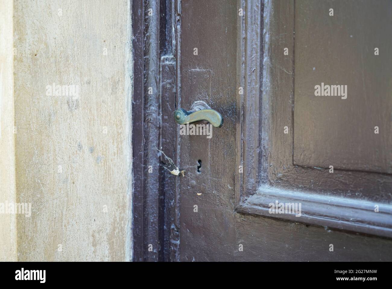 Alte, ungenutzte Holztür mit einem Metallgriff. Spinnweben am Eingang. Stockfoto
