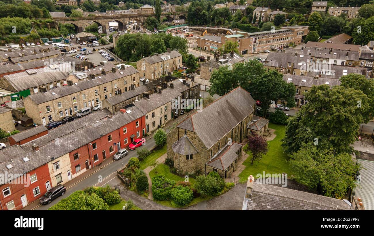 Todmorden West Yorkshire Lancashire Boarder Town Fotoset Mit Viaduct Collage Cricket Club Central Park Canal New Aldi Site Zügen Stockfoto