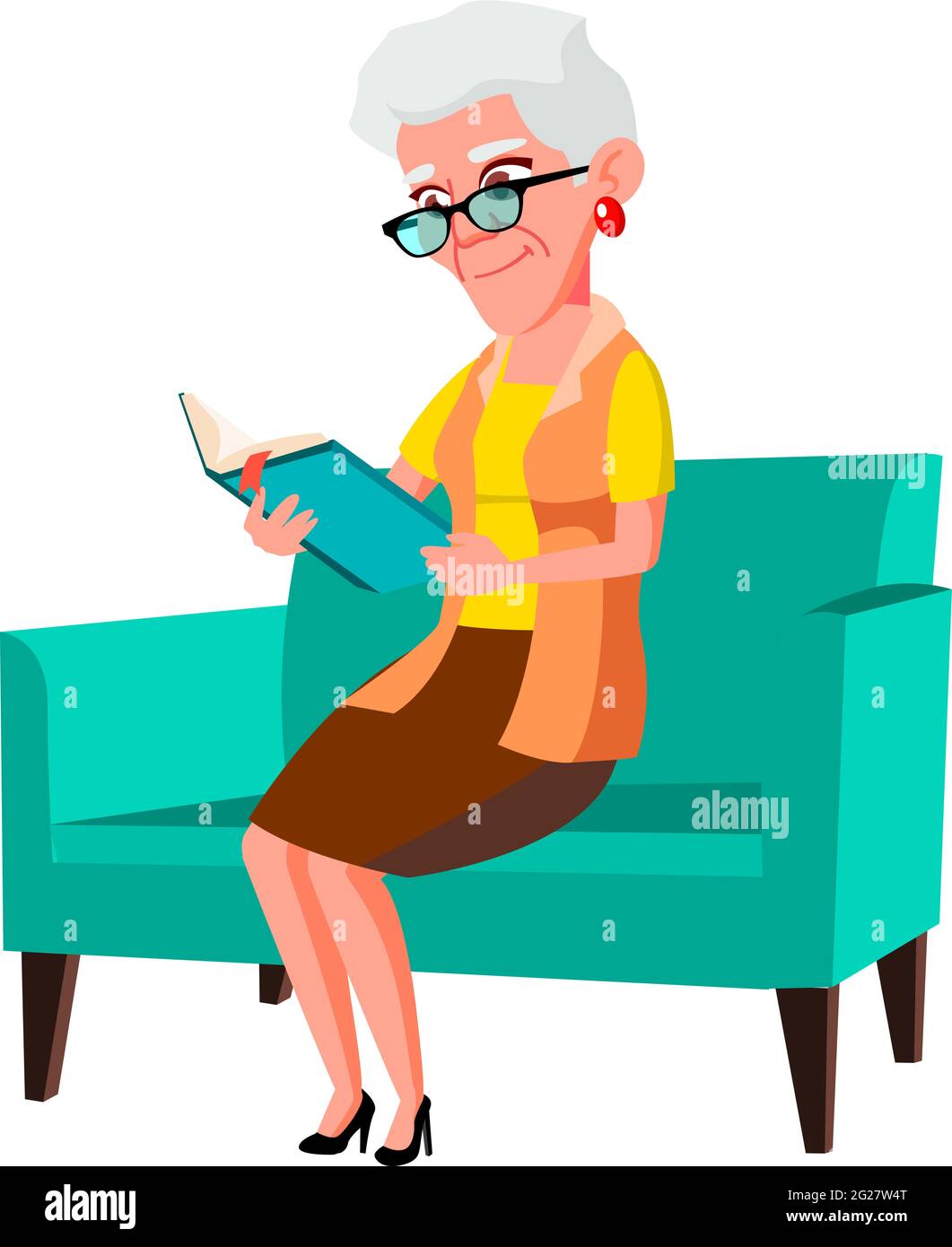 Alte Frau sitzt auf dem Sofa und liest Buch Cartoon Vektor Stock Vektor