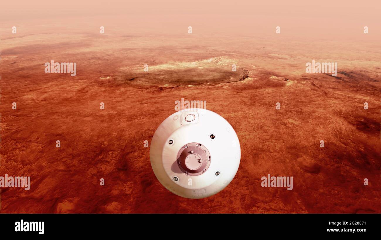 Artist's Konzept der Aeroshell mit NASAâ €™s Ausdauer Rover absteigend in Richtung der Oberfläche des Mars. Stockfoto