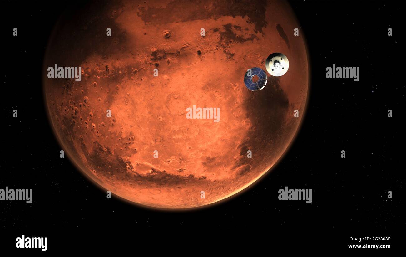 Künstlerkonzept des Perseverance Rover, der seine Kreuzfahrt-Bühne Minuten vor dem Eintritt in die Atmosphäre des Mars abwirft. Stockfoto