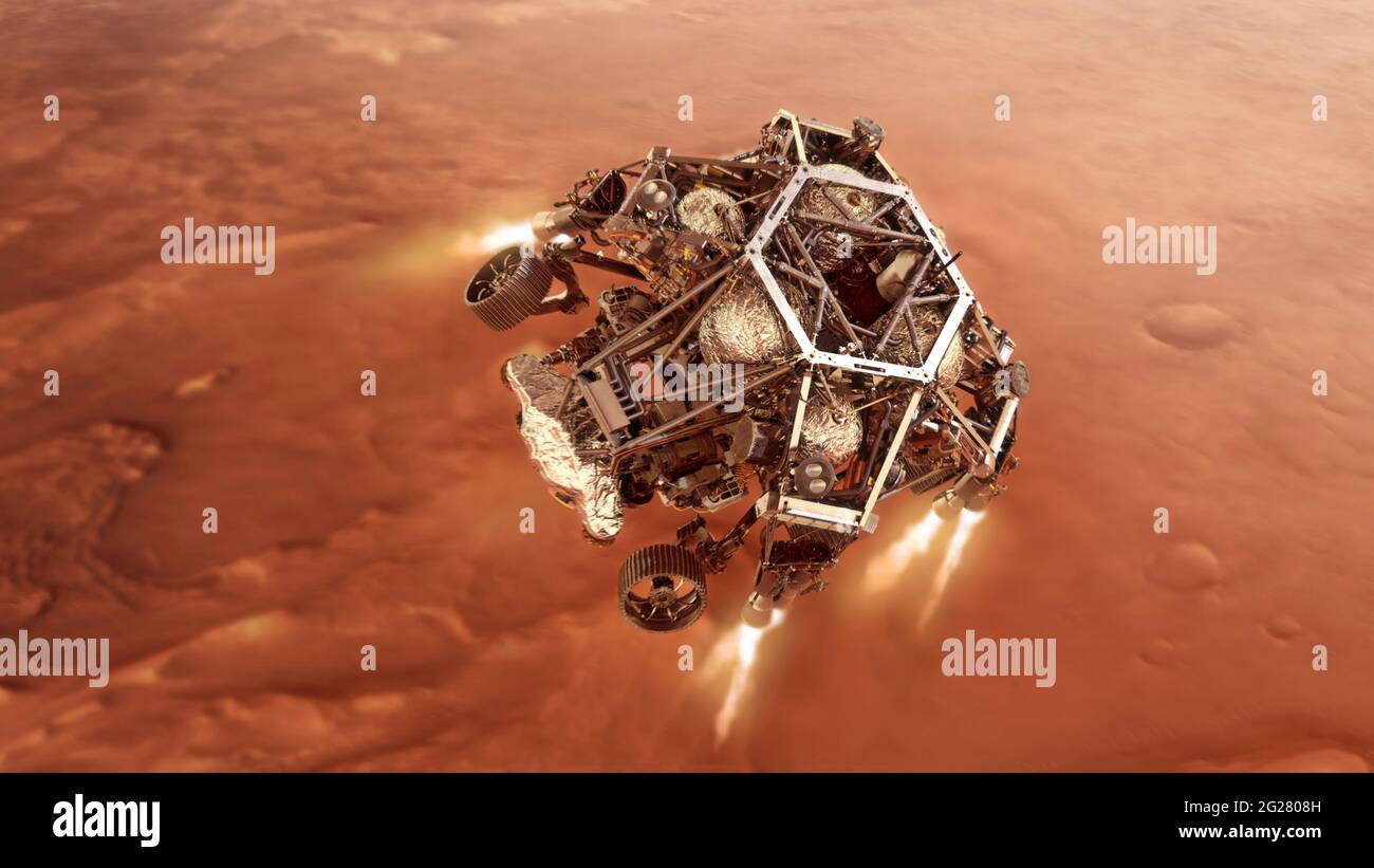 Künstlerkonzept des Perseverance Rover, der seine abwärts fahrenden Bühnenmotoren anfeuert, während er sich der Marsoberfläche nähert. Stockfoto