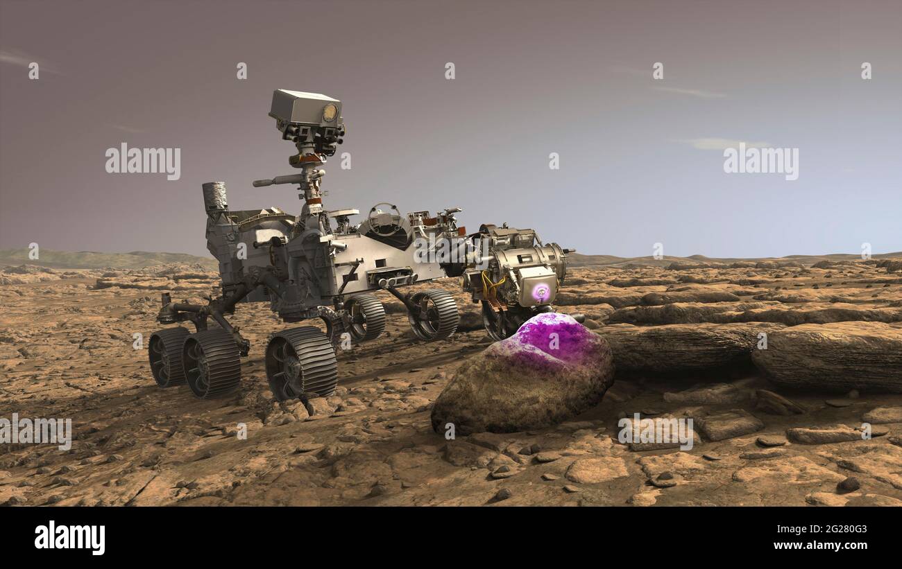 Künstlerkonzept des Perseverance Mars Rover auf der Suche nach Zeichen mikrobiellen Lebens in Gesteinen. Stockfoto