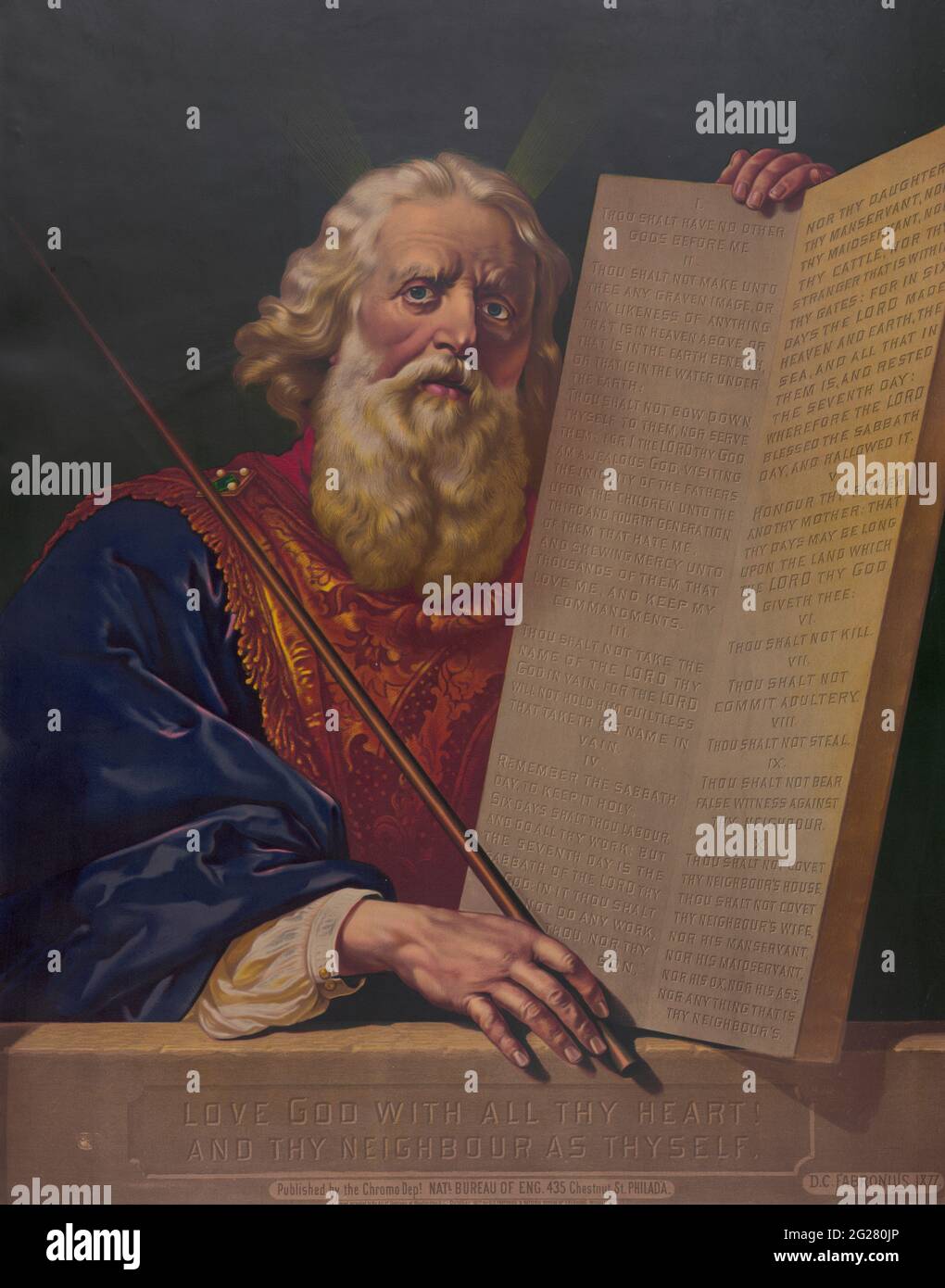 Moses hält die Tabletten eingeschrieben mit den zehn geboten. Stockfoto