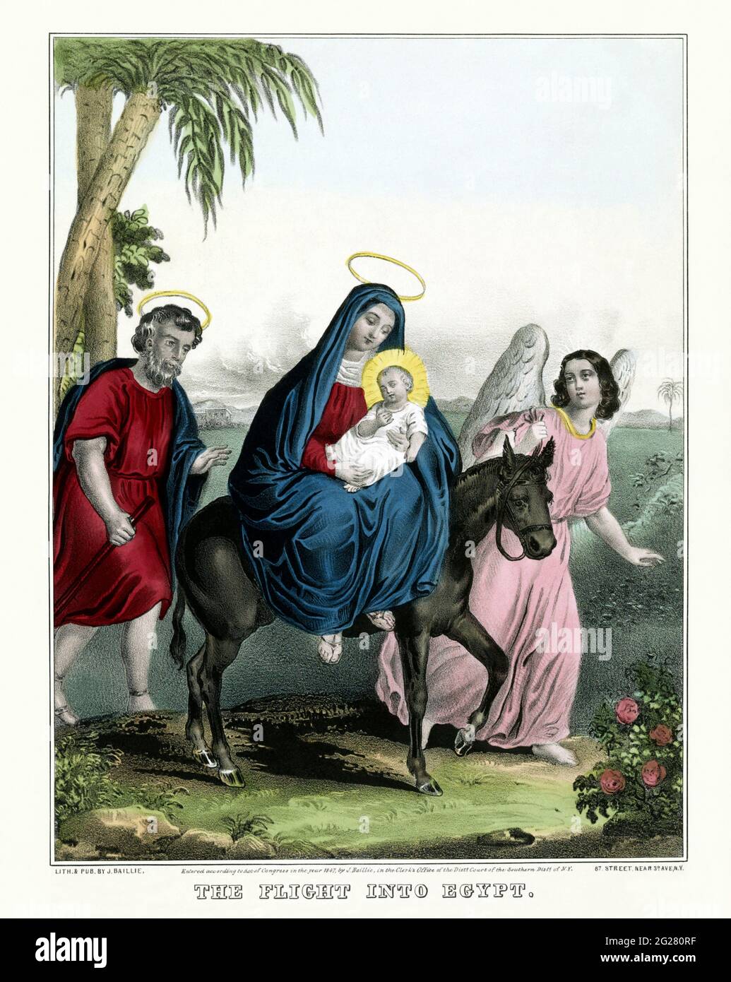 Die Jungfrau Maria und das Jesuskind auf einem Esel, der von einem Engel geführt wird, wobei Josef hinter sich hergeht. Stockfoto