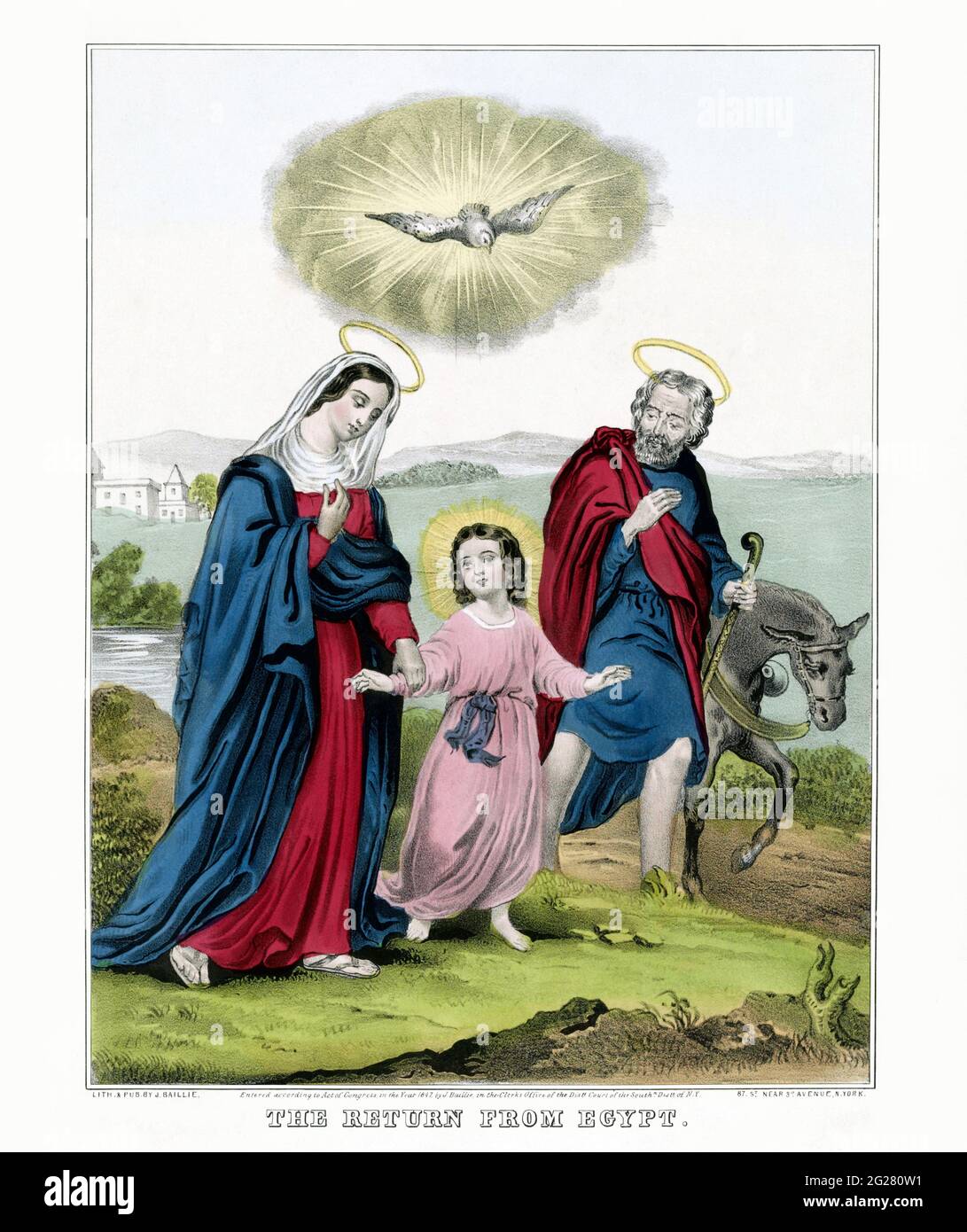 Die Rückkehr aus Ägypten. Jungfrau Maria und Josef gehen mit Kind. Stockfoto